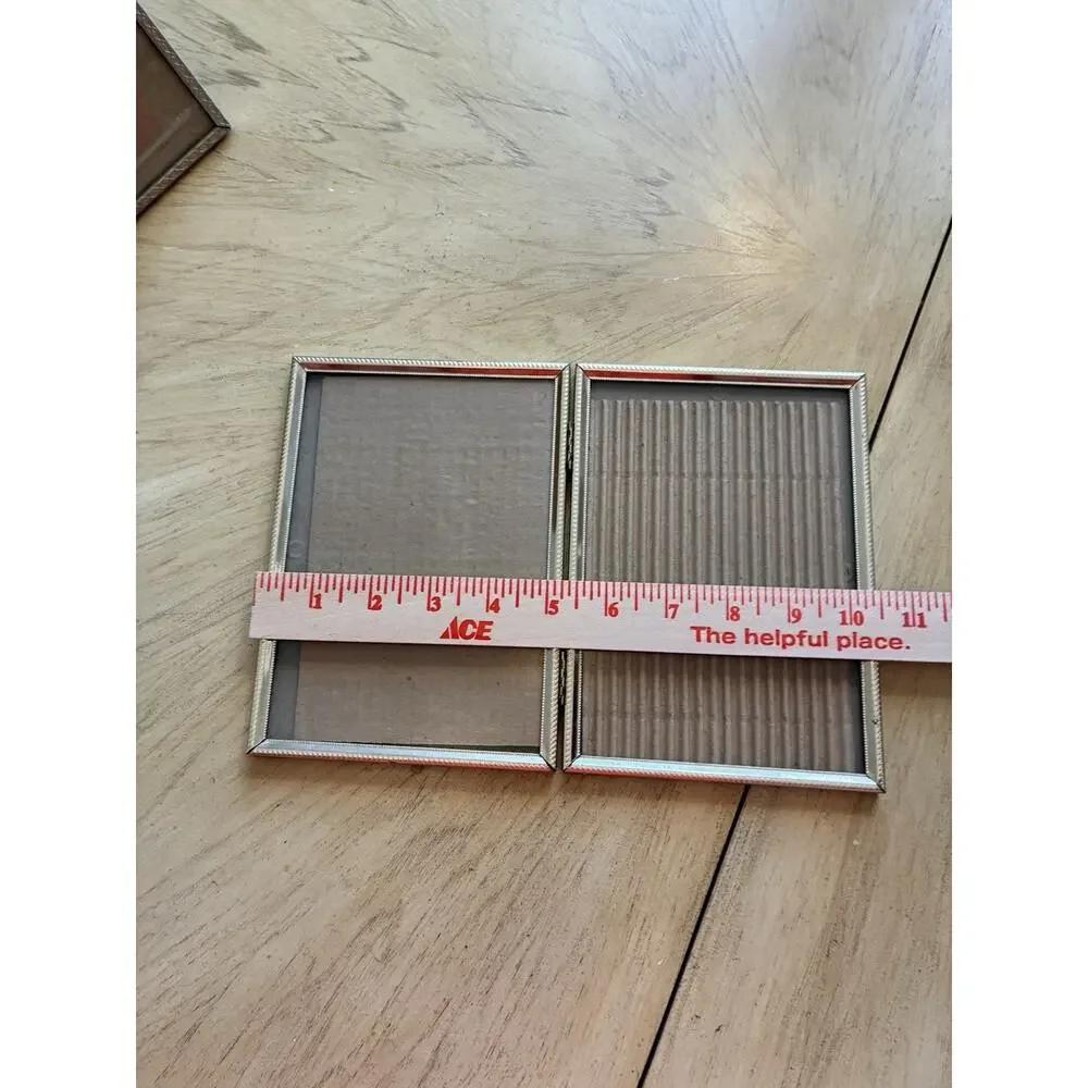 2 Vtg Mid Century Gold Tone Metal Picture Frame Single & Bifold Hinged 70s Set 2